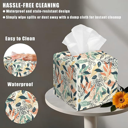 BLYKVGHQ Boho Leaves Tissue Box Cover Square, Tissue Box Holder with Bottom Belt Leather Facial Paper Organizer Dispenser for Bathroom Bedroom Dresser Night Stand Tabletop