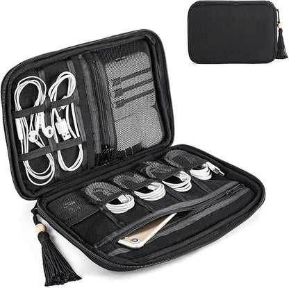 Mkono Electronics Organizer Travel Cable Cord Organizer Cotton Bag, Portable All-in-One Accessories Travel Essentials Storage Case with Tassel for Cable Charger Phone USB Pouch for Women, Black