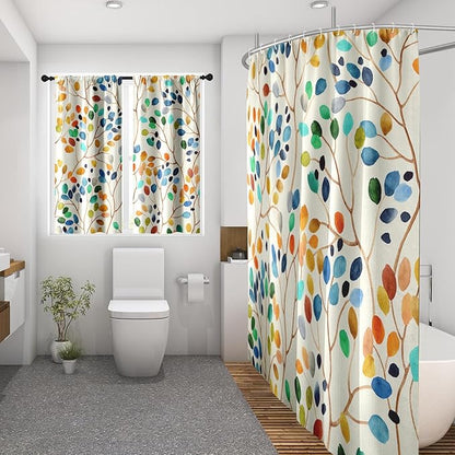 Culudea Colorful Leaves Ivory Shower Curtain Set, Floral Modern Boho Bathroom Window Waterproof Shower Curtain Set for Bathroom Decor