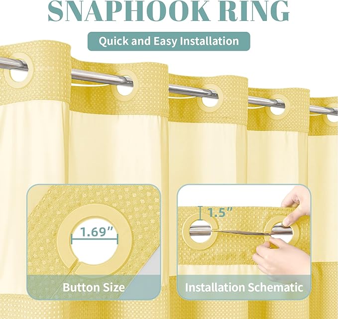 eachope Yellow No Hook Waffle Weave Shower Curtain with snap-in Liner Replacement, 230GSM Waterproof Fabric Hotel Shower Curtain Set for Bathroom, Through Mesh Top Window,71Wx86H