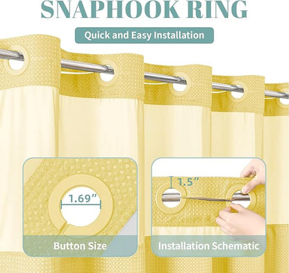 eachope Yellow No Hook Waffle Weave Shower Curtain with snap-in Liner Replacement, 230GSM Waterproof Fabric Hotel Shower Curtain Set for Bathroom, Through Mesh Top Window,71Wx74H