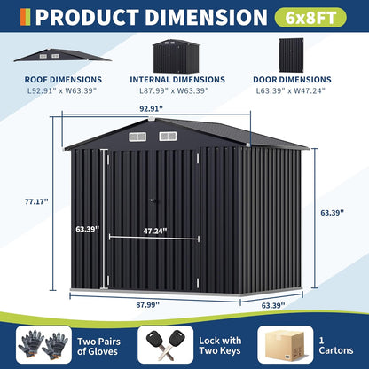 6x8 FT Metal Storage Sheds Outdoor, MetalTool Shed with Lockable Door, MetalYard Sheds Garden Shed Kit, Metal UtilitySheds Buildings with Air Vent for Backyard Garden Patio Lawn