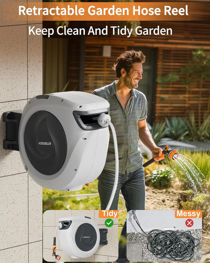 KOSOEUR Retractable Garden Hose Reel, 1/2 in x 65 ft Garden Hose Reel, Automatic Retractable Water Hose Wall Mount with 10 Pattern Nozzle, Slow Rewind System/Any Length Auto Lock 180° Swivel Bracket