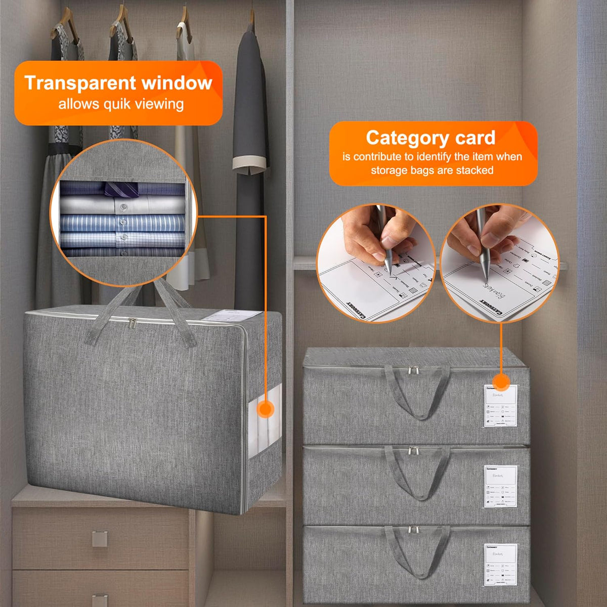 3 Pack 85L Comforter Storage Bags, Extra Large Bedding Storage Bags with Card and Clear Window, Reinforced Handles & Zippers, Foldable Closet Organizers for Blanket Pillow Clothes