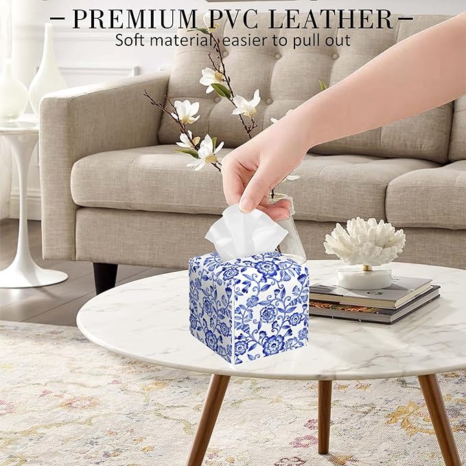 POIUBLE Leather Tissue Box Holder Watercolor Blue Flowers Tissue Box Cover Square Waterproof Tissue Holder Organizer Modern Napkin Holder for Bedroom Dresser Night Stand Office Desk