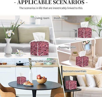 POIUBLE Pink Rose Flower Tissue Box Cover Leather Tissue Box Holder Square Facial Paper Organizer Dispenser for Bathroom Kitchen Bedroom Vanity Countertop Night Stands