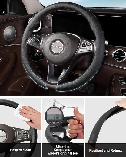 West Llama Nappa Leather Steering Wheel Cover for Car,Thin Steering Wheel Wrap Universal 14.5-15 Inch,Fit Cars,SUVs,Trucks(Black-O-Shaped)