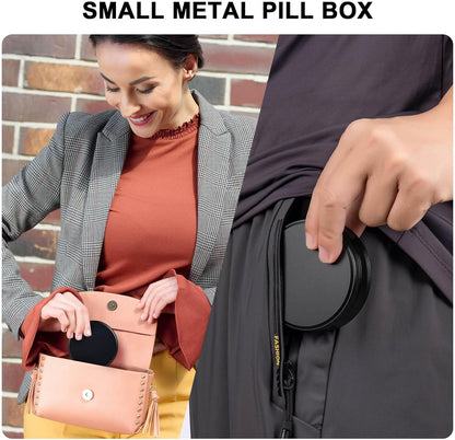 Daily Pill Organizer 4 Compartments - Metal Small Pill Case Waterproof, Travel Pill Box for Purse, Compact Medicine Container Pill Dispensers Holder for Vitamin, Fish Oil, Supplement (Black)
