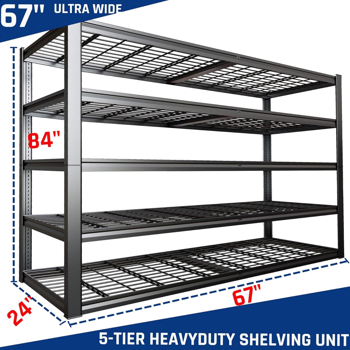 67" Wide 5-Tier Garage Shelving Unit, 67" W x 24" D x 84" H, Heavy Duty Garage Storage Shelves,3500 LBS Capacity, Industrial Adjustable Shelves for Basement Warehouse