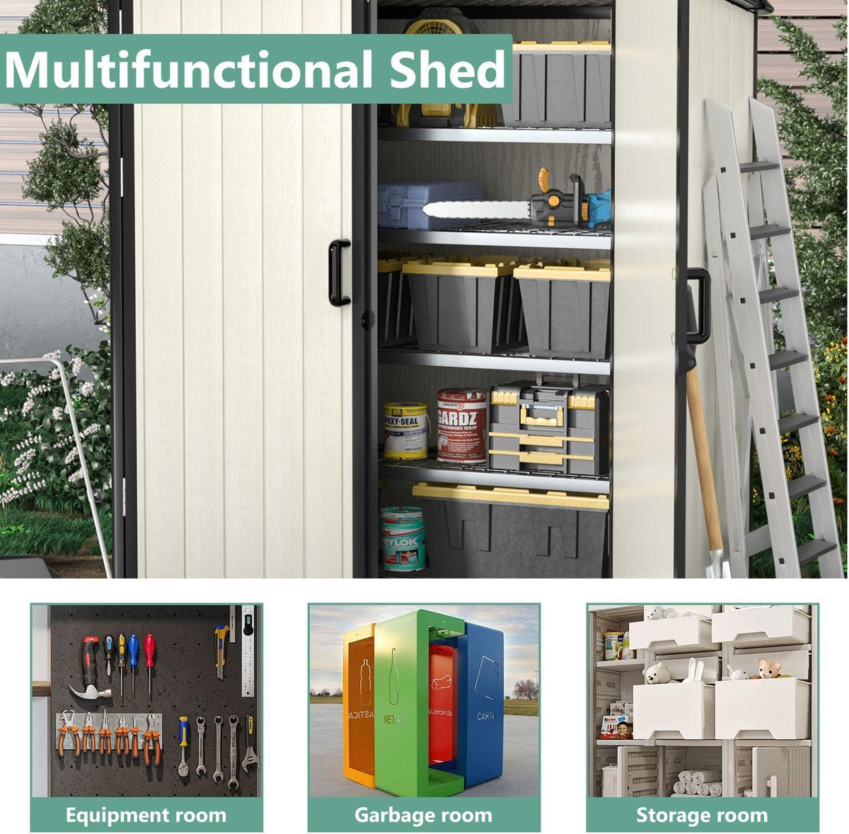 Aoxun Outdoor Storage Shed 5 x 3FT, Resin Shed with Floor and Lockable Door, Plastic Shed for Bike, Garbage Can, Tool, Accessories, Lawn, Garden - Beige