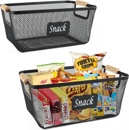 Snack Organizer for Pantry Shelf, 2 Pack Metal Mesh Snack Basket Storage with Wooden Handles, Snack Bin for Snack Bar Station, Kitchen Cabinet Pantry Organizers and Storage