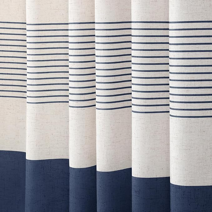 XOGUIBO Navy Blue Shower Curtain Linen Coastal Ocean Striped Shower Curtains for Bathroom with Tassel 72 X 72