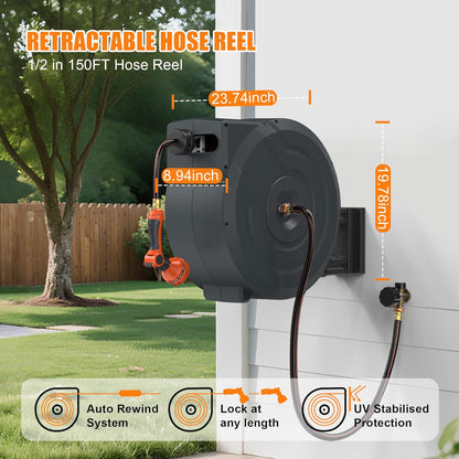 NEOTEC Retractable Garden Hose Reel 1/2 inch x 150ft - Wall Mounted Heavy Duty Hose Reel with 3/4 Inch Brass Fittings & 9-Pattern Nozzle - Auto Rewind System, Any Length Lock, 180° Swivel Bracket
