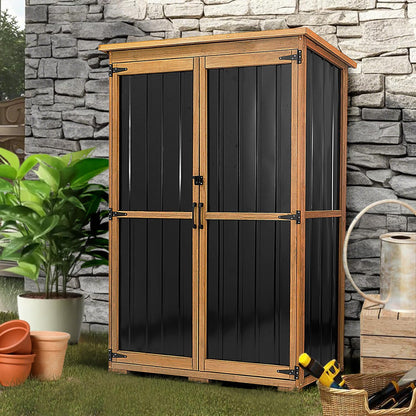 46" L Large Outdoor Storage Cabinet with Shelves, Wood & Metal Storage Shed Weather-Resistant, Outside Storage Cabinet for Garage Patio Backyard Garden with Waterproof Roof