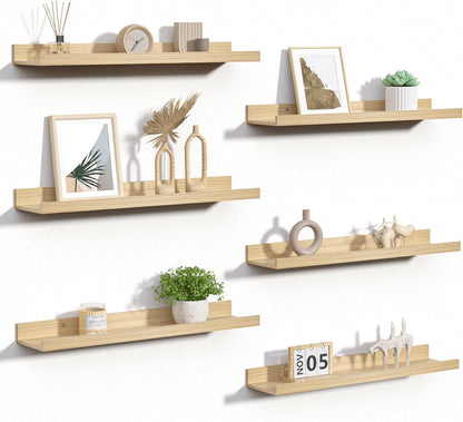 upsimples Floating Shelves for Wall, 23.6 Inch Shelves for Decor Storage Set of 6, Wall Mounted Wood Shelf for Bedroom, Living Room, Bathroom, Kitchen, Long Picture Ledge Shelves, Natural