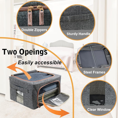 Linen Clothes Storage Bins, 4PCS Sturdy Closet Organizers and Storage Bin with Metal Frame, 2 Opening Ways Fabric Visible Lidded Storage Box for Organizing Clothing,Jeans,Sheets (4PC Gray, 22Liters)