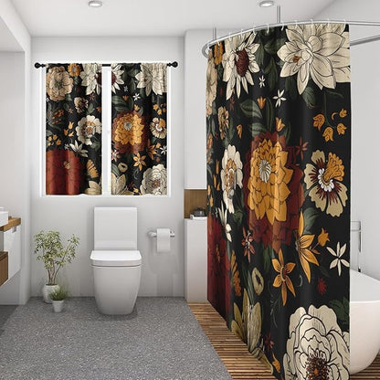 Culudea Boho Floral Black Shower Curtain Set, Vintage Flower Peony Plant Bathroom Window Waffle Textured Cloth Waterproof Shower Curtains for Bathroom Decor