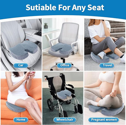 Memory Foam Seat Cushion for Office Chairs & Tailbone Pain Relief - Ergonomic Chair Seat Cushion & Car Seat Cushion for Long Driving - Non-Slip Portable Wheelchair Cushions, Grey