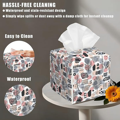 Boho Vintage Leather Tissue Box Holder Abstract Plant Leaves Tissue Box Cover Facial Paper Case Organizer Cube Napkin Dispenser for Bathroom Vanity Countertop Night Stand Office Car