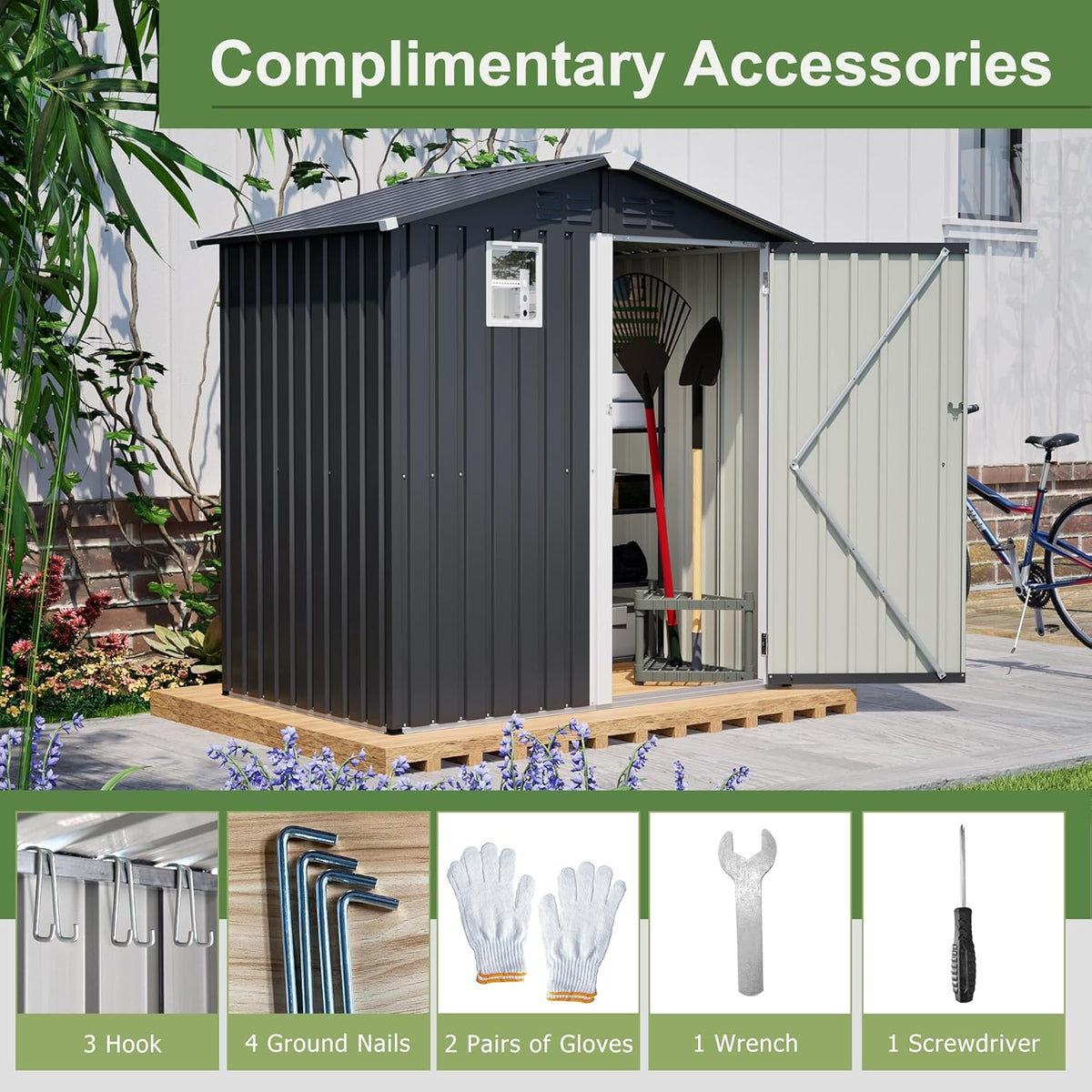 Outdoor Storage Shed, 6 X 4ft Metal Galvanized Steel Garden Shed with Floor Frame, Utility Tool Shed Storage House with Window for Backyard, Patio, Lawn