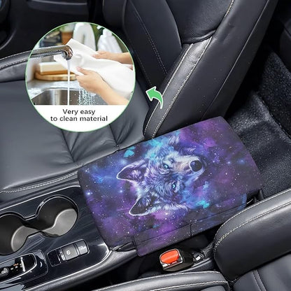 Wanyint Galaxy Wolf Butterfly Car Center Console Armrest Cover Soft Armrest Cover Lid Non-Slip Middle Console Cover with Side Storage Pocket for Car Seat Organizer Universal Fit