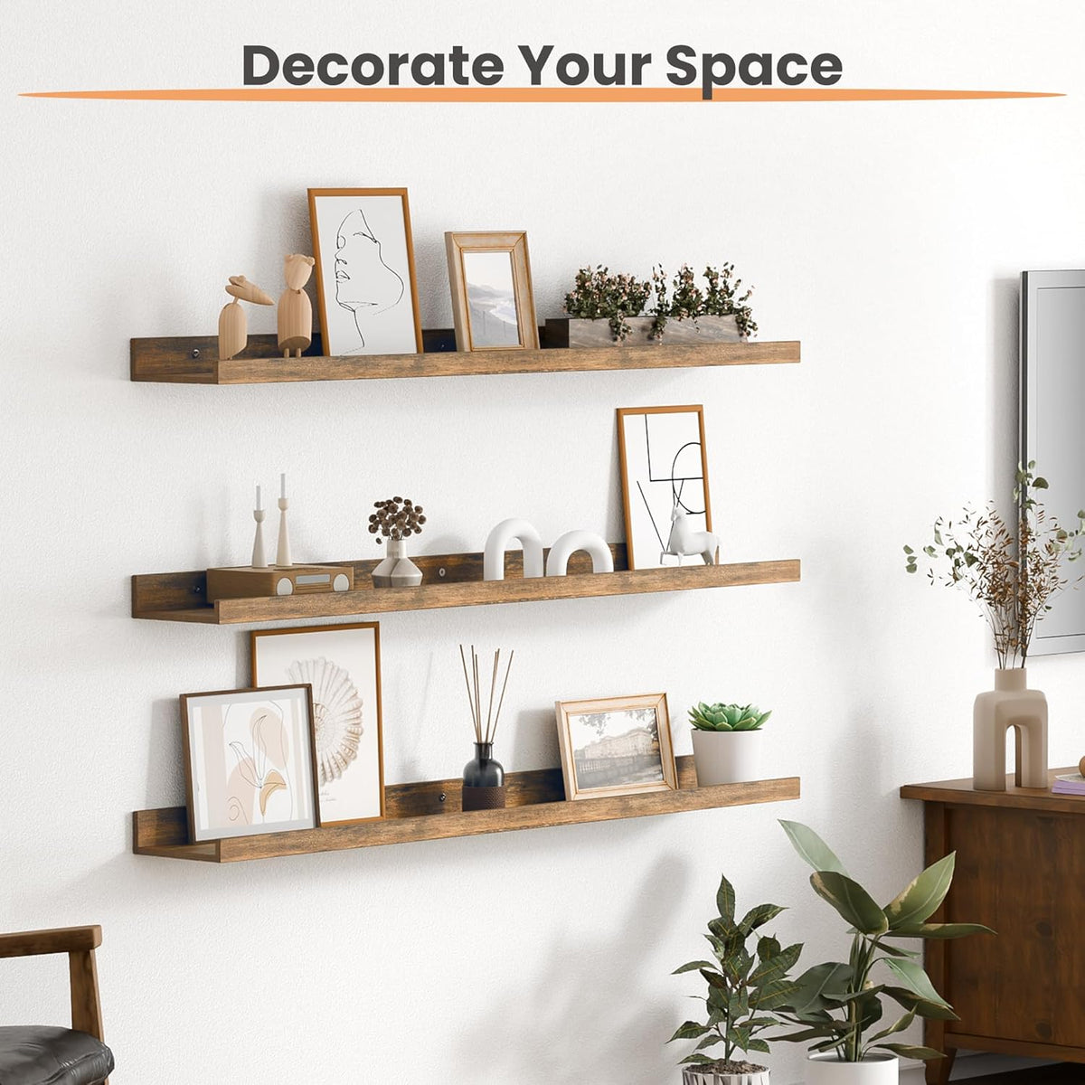 upsimples Floating Shelves for Wall, 35.5 Inch Shelves for Decor Storage Set of 6, Wall Mounted Wood Shelf for Bedroom, Living Room, Bathroom, Kitchen, Long Picture Ledge Shelves, Brown