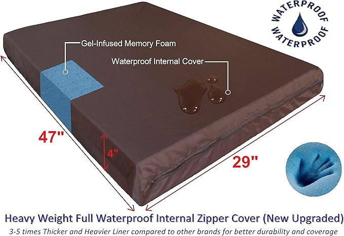 Dogbed4less Extra Large True Orthopedic Gel Memory Foam Dog Bed, Waterproof Liner and Durable Brown Cover, XL 47X29X4 Inch Fit 48"X30" Crate