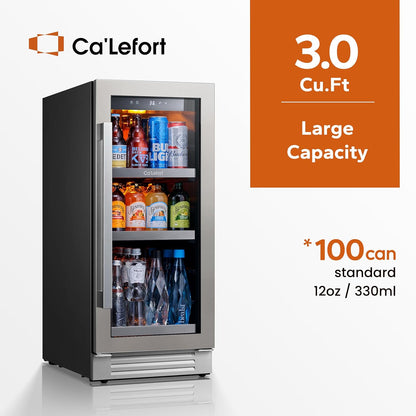 Ca'Lefort 15 Inch Beverage Refrigerator - 100 Can Small Beverage Fridge, Drink Fridge Glass Door 3 LED 34°F -54°F Beverage Cooler Built-in or Freestanding, Perfect for Home/Kitchen(3.0 cu.ft)