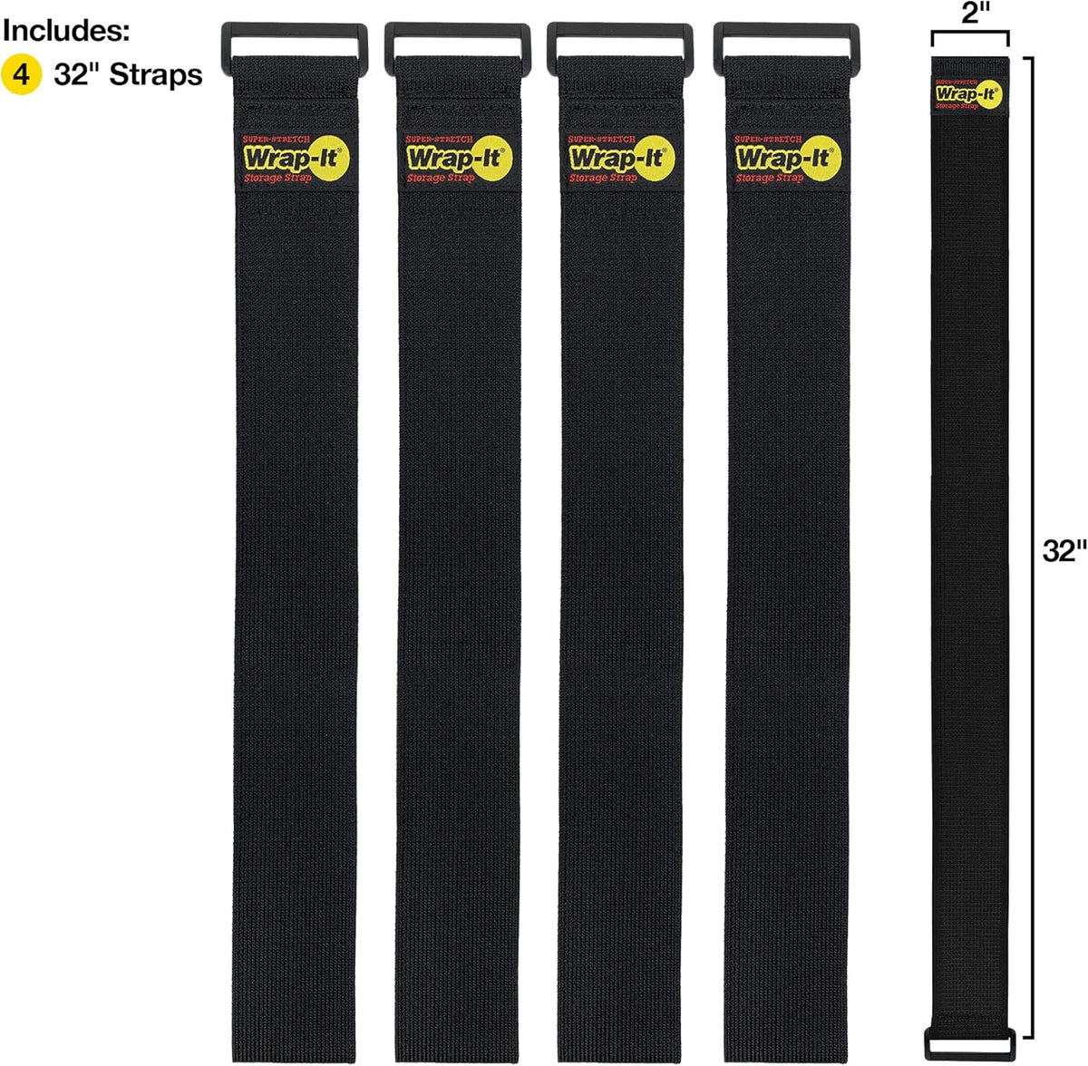 Super-Stretch Wrap-It Storage Straps, 32-in x 2-in (4-Pack) - Elastic Hook and Loop Cinch Straps - Pool Hose and Cable Straps, Garage and RV Storage Accessories