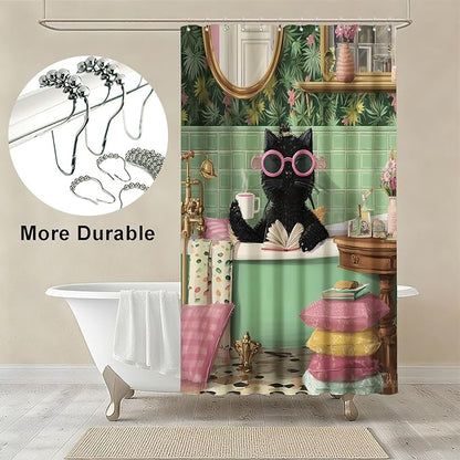 mutakin Funny Cat Shower Curtain Cute Kitten Taking Bath Shower Curtains for Bathroom Waterproof Fabric Bath Curtain Decor with Hooks