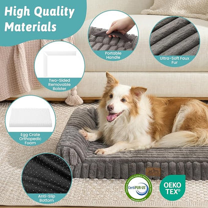 COZY KISS Cute Dog Bed, Faux Rabbit Fur Orthopedic Foam Dog Bed with Sides, Removable Washable Cover & Waterproof Lining, Comfortable Pet Couch for Large Dogs, Grey (44" L x 32" W x 7" Th)