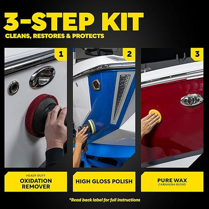 Meguiar’s Marine/RV Fiberglass Restoration System, M4965, 3-Piece Fiberglass Repair Kit with Oxidation Remover, High-Gloss Boat Polish and Wax, Christmas Gift Ideas for Car Dads