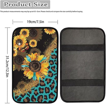 JoyLamoria Sunflower Leopard Car Center Console Armrest Cover Non Slip Auto Arm Rest Cushion Pads Armrest Protector Car Interior Accessories