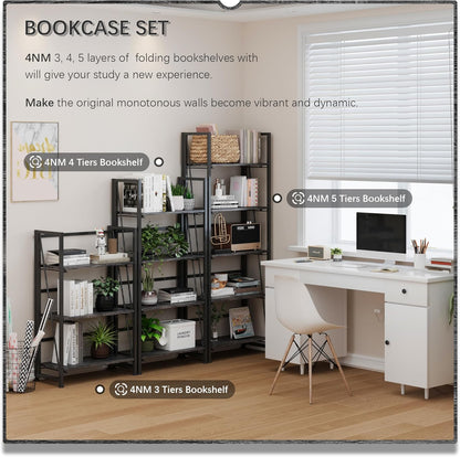 4NM No Assembly Folding Bookshelf Storage Shelves 4 Tiers Vintage Bookcase Standing Racks Study Organizer Home Office (Gray Black)