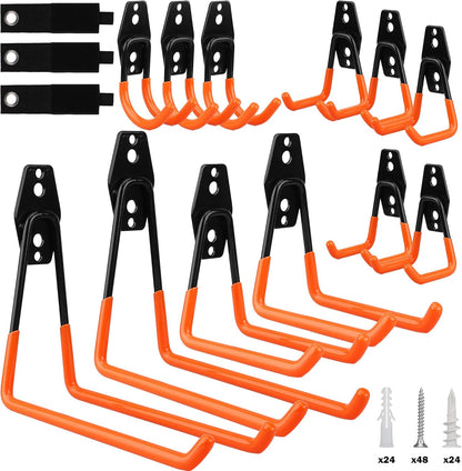 Garage Tool Storage Wall Hook Assortment Set: 15PCS Heavy Duty Large Hanger Garden Tool Organizer Ladder Bike Rack Yard Tool Holder Shed Shovel Metal Screw Organization Bicycle Steel Bracket