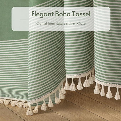 XOGUIBO Sage Green Shower Curtain Boho Linen Striped Shower Curtains for Bathroom with Tassel 72 X 72