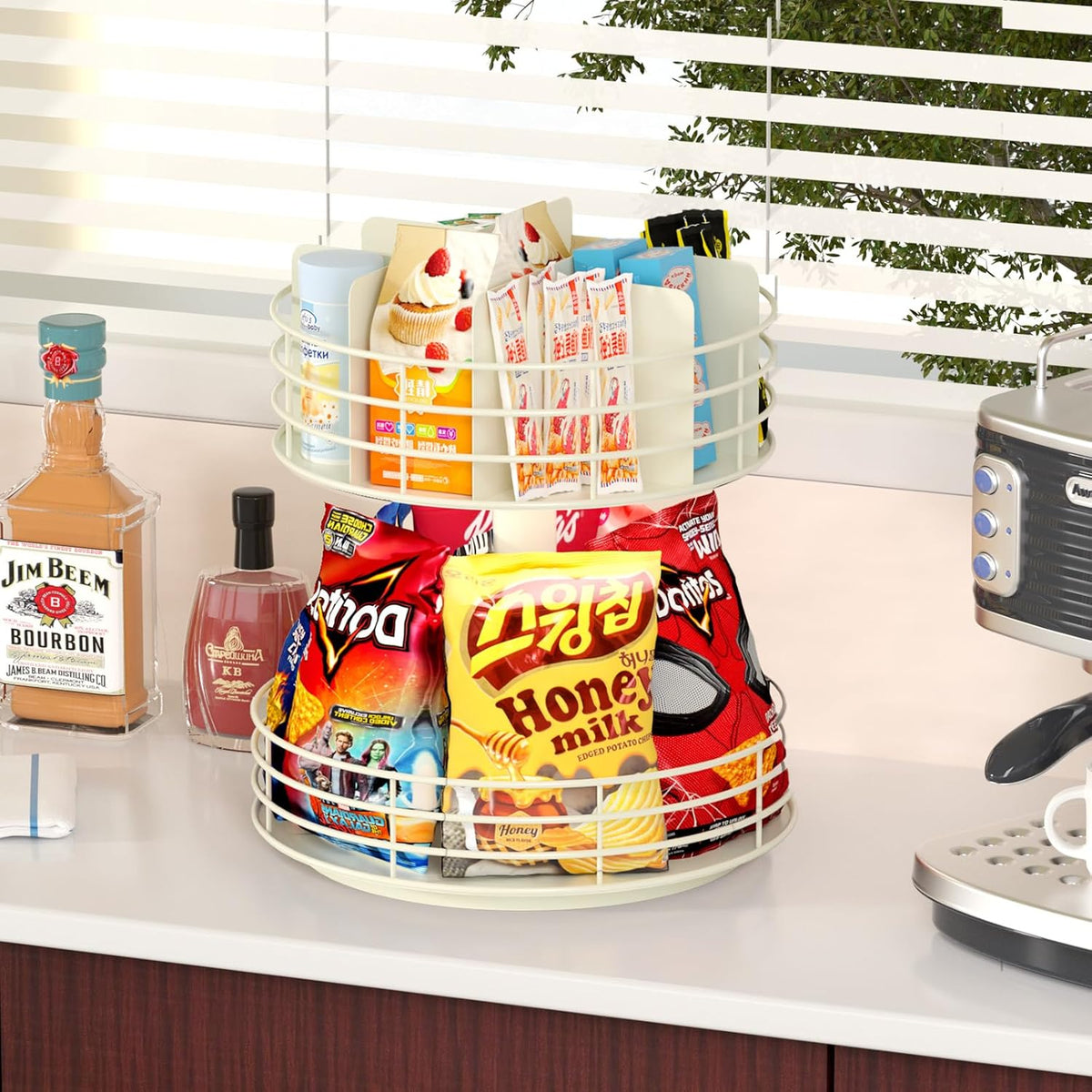 Snack Organizer - Versatile Snack Storage 2 Tier Lazy Susan with Convenient Grab-and-Go Design, Metal Snack Holder for Home, Office, Breakroom, 12.13" L x 12.13" W x 12.56" H (Matte White)