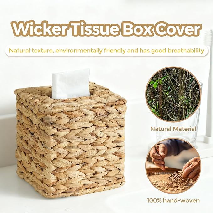 KALEKAIL Wicker Tissue Box Cover, Rattan Tissue Box Holder Square, Boho Decorative Woven Water Hyacinth Cube Tissue Holders for Bathroom Living Room Kitchen