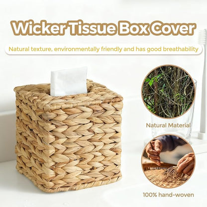 KALEKAIL Wicker Tissue Box Cover, Rattan Tissue Box Holder Square, Boho Decorative Woven Water Hyacinth Cube Tissue Holders for Bathroom Living Room Kitchen