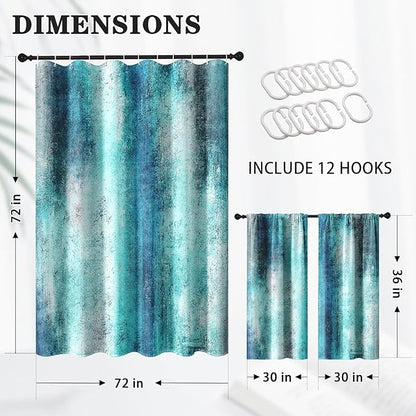 Culudea Turquoise Teal Grey Gray Waffle Textured Cloth Shower Curtain Set, Painting Abstract Modern Art Bathroom Window Waterproof Shower Curtains for Bathroom Decor