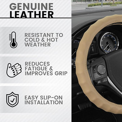 BDK Genuine Beige Leather Steering Wheel Cover for Car, Small 13.5-14 inch – Ergonomic Comfort Grip for Men & Women, Car Steering Wheel Cover for Vehicles with Small Steering Wheel