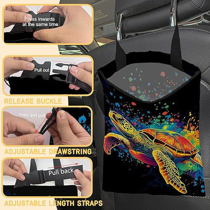Watercolor Sea Turtle Car Garbage Bag, Small Car Trash Bag Hanging Back of Seat,Drawstring Car Trash Bag with Adjustable Buckle,Car Accessories for Camping Travelling