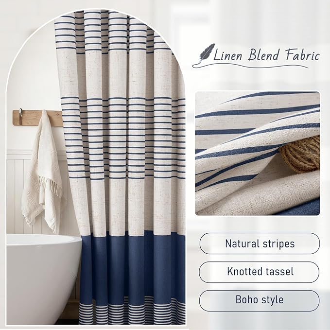 XOGUIBO Navy Blue Shower Curtain Linen Coastal Ocean Striped Shower Curtains for Bathroom with Tassel 48 X 72