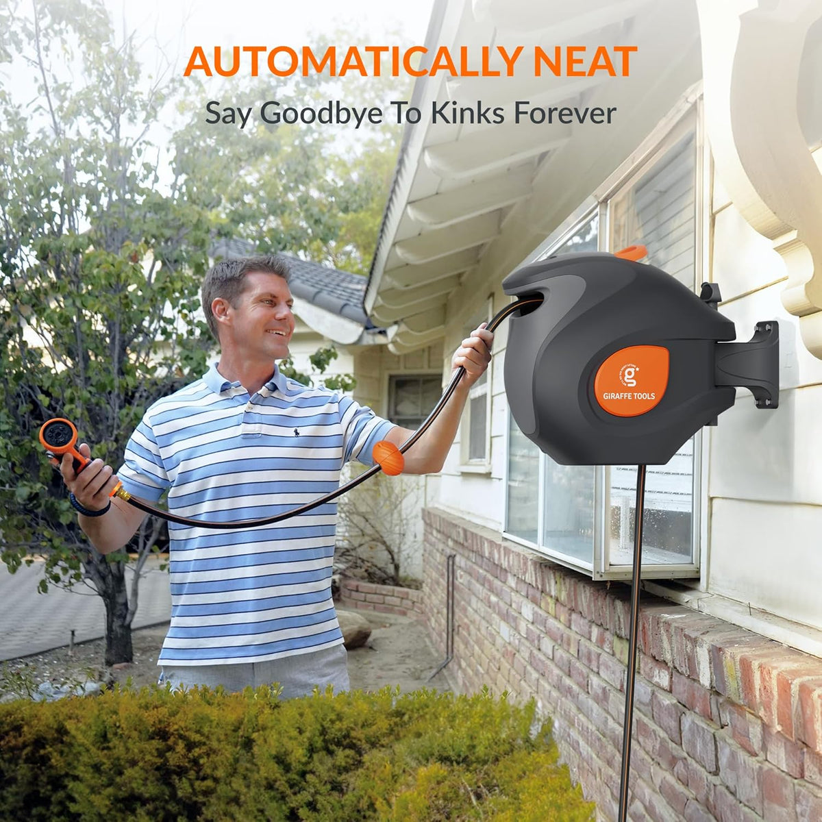 Giraffe Tools BW35 Retractable Garden Hose Reel | Wall-Mounted, Automatic Rewind, 100ft 1/2" Hose with 9-Pattern Spray Nozzle | Outdoor, Lawn, Garden & Car Cleaning Use