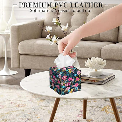 POIUBLE Tissue Box Holder Colorful Flowers Tissue Box Cover Square Leather Tissue Holder Organizer Portable Decorative Facial Paper Case for Home Office Bathroom Vanity Countertop