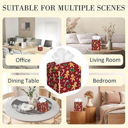 POIUBLE Candy and Star Leather Tissue Box Holder Christmas Red Gingerbread Tissue Box Cover Square Waterproof Tissue Holder Organizer Modern Napkin Holder for Bedroom Dresser Night Stand Office Desk