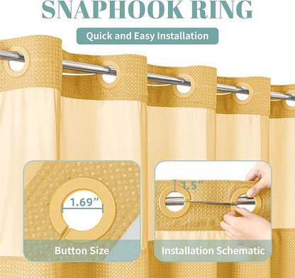 eachope Gold No Hook Waffle Weave Shower Curtain with snap-in Liner Replacement, 230GSM Waterproof Fabric Hotel Shower Curtain Set for Bathroom, Through Mesh Top Window,71Wx74H