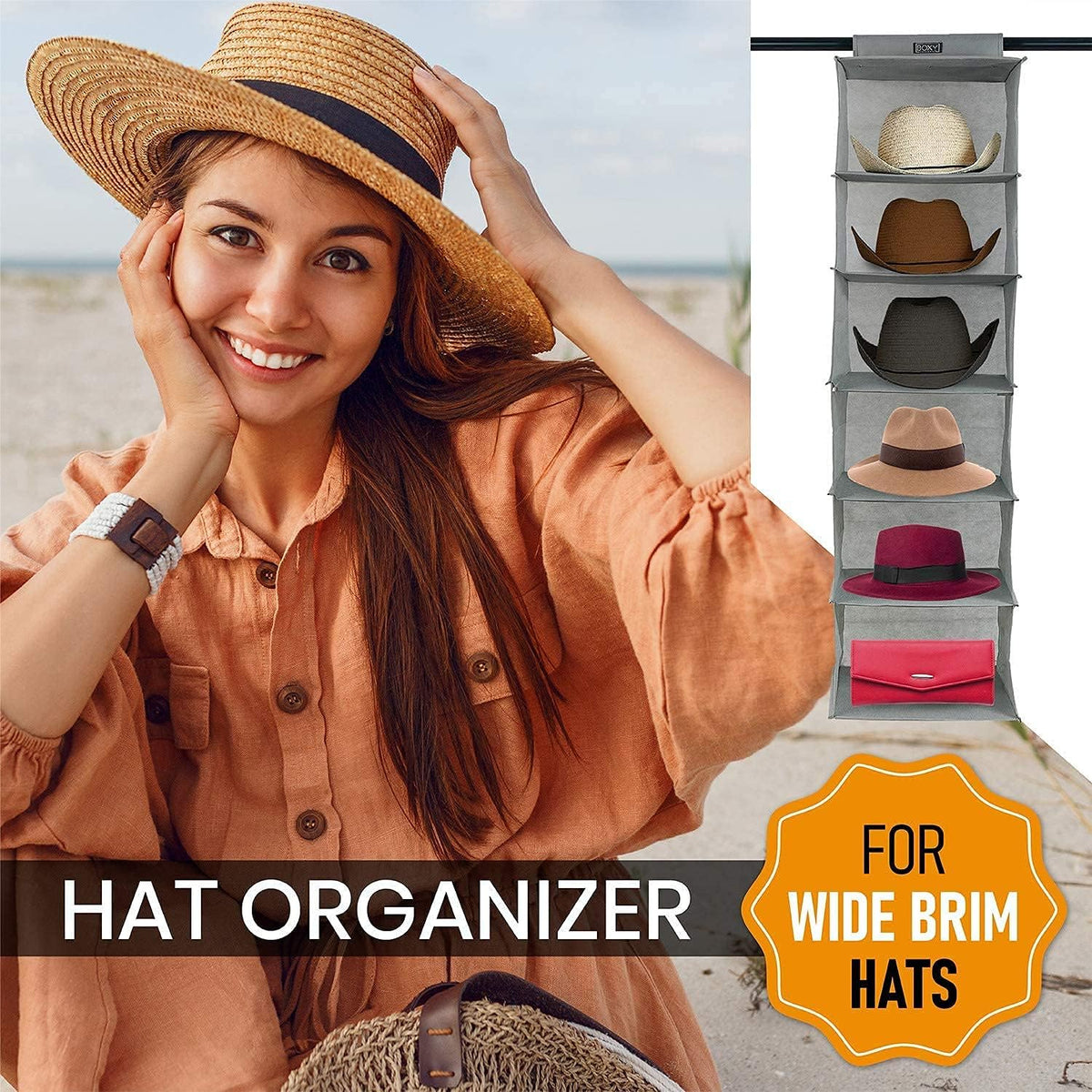 Boxy Concepts 6-Shelf Cowboy Hat Organizer Rack - 13in Wide X-Large Grey - Hat Rack for Wall Mount Hook & Loop - Soft Fabric Preserve Shape - Baseball Cap Organizer