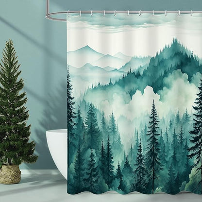 Litabel Teal Blue Extra Long Misty Pine Forest Shower Curtain 72 x 84, XL Mountain Foggy Woodland Scenery Tree Shower Curtains for Bathroom, Turquoise Abstract Waterproof Nature-Themed Decor