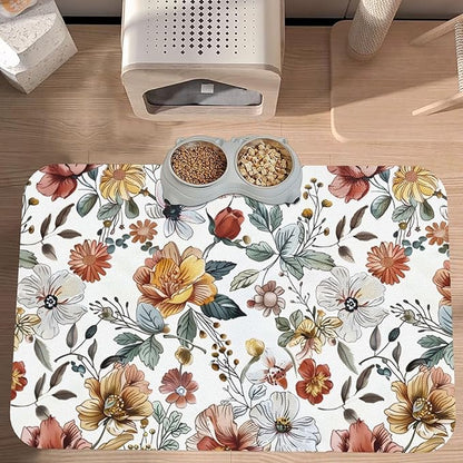 Flowers Pattern Dog Food Mat Absorbent Bowl Mats No Stains Quick Dry Waterproof Pet Cat Placemats for Food and Water, 30x45cm